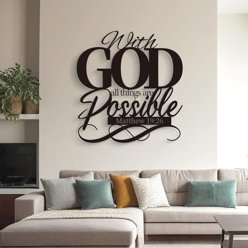 Image of BLIND SHOP Bible Verse Metal Matthew 19:26 Wall Decor for Home Decor | Wall Sculpture Home Decoration | Metal Art | Metal Wall Art | Home Wall Hangings Metal Decor (47 x 45 x 1.5 CM)