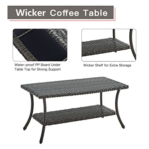 Hummuh Wicker Patio Coffee Table,Rattan Outdoor Coffee Table With 2-Layer Storage Furniture Tables For Garden,Porch,Backyard (Grey) #TOP3