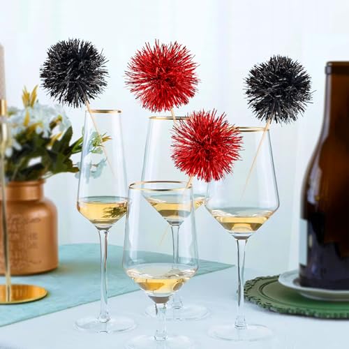20 Pack Foil Firework Cupcake Toppers Drink Stirrers Party Birthday Cake Toppers Supplies Sparkle Tinsel Cocktail Fruit Toothpick for Birthday Wedding Graduation Party black+red