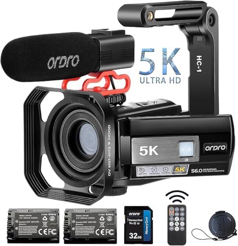 ORDRO M5 Fotocamera Da Vlog Con Stabilizzatore 3 Assi – Registra In 5K A 30fps E 4K A 60fps, Schermo IPS Touch Da 3,5" Rotabile, Visione Notturna IR, Obiettivo 120°, 64GB Inclusa - 5