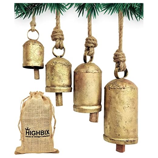 HIGHBIX Set of 4 Harmony Cow Bells Vintage Handmade Rustic Lucky Christmas Hanging Décor Bells On Rope
