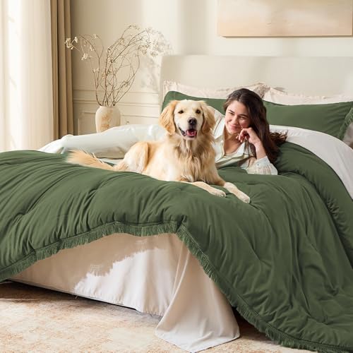 Image of Andency Comforter Oversized King Olive Green 120x98, 3 Pieces Boho Winter Lightweight Bedding Comforter Sets, All Season Tassel Bed Set (1 Comforter & 2 Pillowcases)