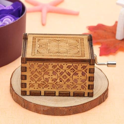 Image of Wooden HP Music Box - Hand Crank Classic Antique Carved Wood Musical Boxes - Birthday Gift for Kids and Collectors