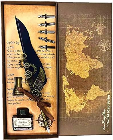 HAPFULLING Retro Feather Pen Water-dipped quill pen set for writing calligraphy pen set back to school gifts 6 replacement pen tips mechanical wings gear decoration(Blue)
