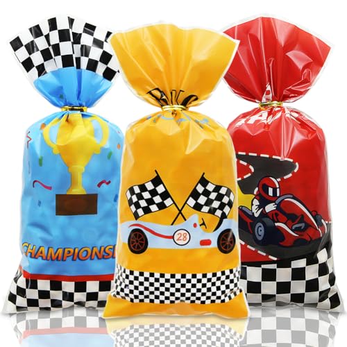 Sacos de presente de carro de corrida, 50 peças, sacos de presente de celofane de plástico com laços giratórios, 3 designs para decorações temáticas de corrida de aniversário rápido