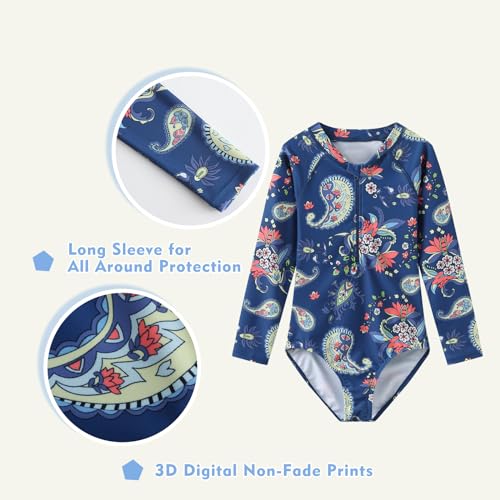 Image of Girls Long Sleeve Rash Guard One Piece Swimsuit Kids UPF 50+ Sun Protection Swimwear Rainbow Striped Bathing Suit 3-14 Years