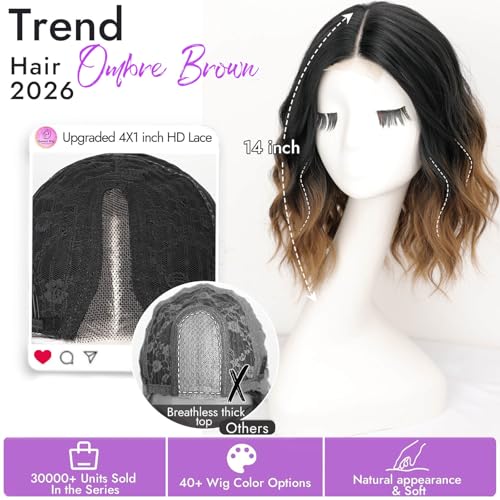 Image of Eawwii Ombre Brown Short Wavy Wig for Women Lace Hairline Bob Style Synthetic Heat Resistant - Natural Appearance for Everyday Hairstyle 14 Inch | Glueless 4x1 Lace Hairline, Heat-Resistant Fiber,Bob Wave Style,Natural Appearance for Everyday Cosplay 14 Inch
