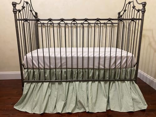 Image of Brandream Gingham Gathered Crib Skirt, Baby Boy, Baby Girl, Gender Neutral Crib Skirt, 100% Cotton, 4-Sided, Green Gingham Toddler Bedskirt Farmhouse Chic Nursery Crib Bed Skirt Dust Ruffle