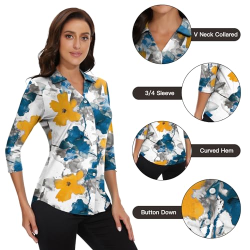 Image of Soneven Womens Golf Polo Shirts 3 /4 Long Sleeve V Neck Button Down Shirts Business Causal Work Blouses Tops