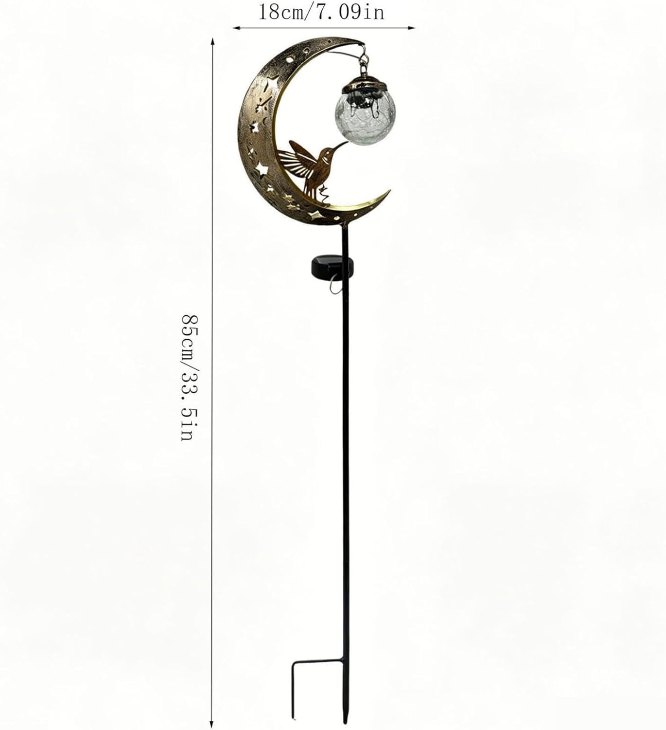 Kolibri Mond Solarleuchten Garten, wasserdichte Solar-Gartenstatuen, 2 | Halbmond-LED-Weg-Dekor mit Vogel, Craquelé-hängende Glaskugel aus Metall, Halbmond, für Hof, Weg, Rasen, Terrasse, Dekor