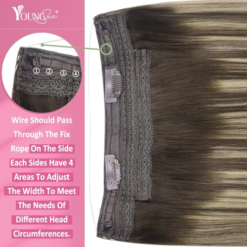 Image of YoungSee 125G Wire Hair Extensions Balayage Brown Fish Line Hair Extensions Real Human Hair Ombre Dark Brown with Ash Blonde Hair Extensions Wire for Women 16Inch