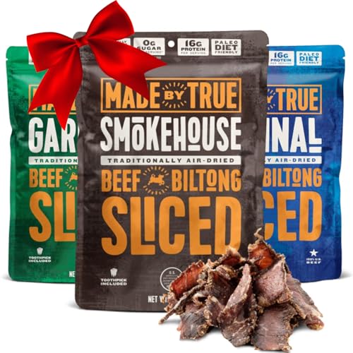 Made by True Beef Sliced Bites Savory Variety (2 oz, Pack of 3) - All Natural, Zero-Sugar True Jerky Biltong - High Protein, Keto, Paleo & Whole30 Diet - Sugar-Free, Gluten-Free, Carb-Free