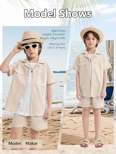 Image of LOLANTA Boys 2 Pieces Linen Set kids Short Sleeve Button Down Shirt and Shorts Summer Vacation Outfits