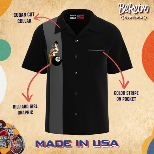 BeRetro Men's Bowling Lounge Retro Shirt with 8 Ball Pool Pinup Girl Design for Game Night - Made in USA4