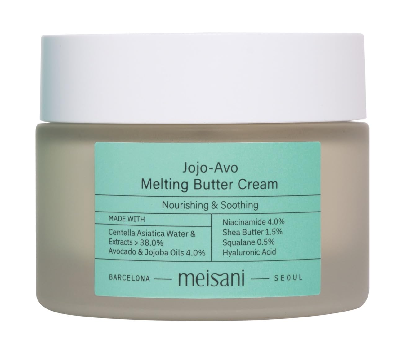 Meisani Jojo-Avo Melting Butter Cream, Crème hydratante et nourrissante à l'avocat et à la centella asiatica pour peaux sensibles et déshydratées, 50 ml