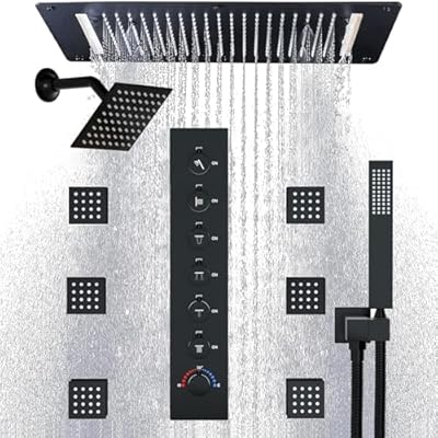 HOMEDEC Large 15x28inch and 6inch Shower Head System, Ceiling Rain Mist Waterfall Shower Faucet Set Combo Set with Handheld and 6 body jets, Black