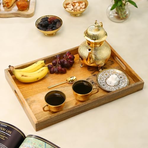 Image of Wooden Serving Tray - 18 x 12 Inches | Minimal Light Brown Finished with Raised Edges | Durable Mango Wood Breakfast Tray | Wooden Serveware Trays for Tea, Snacks & Sweets, Home & Dining
