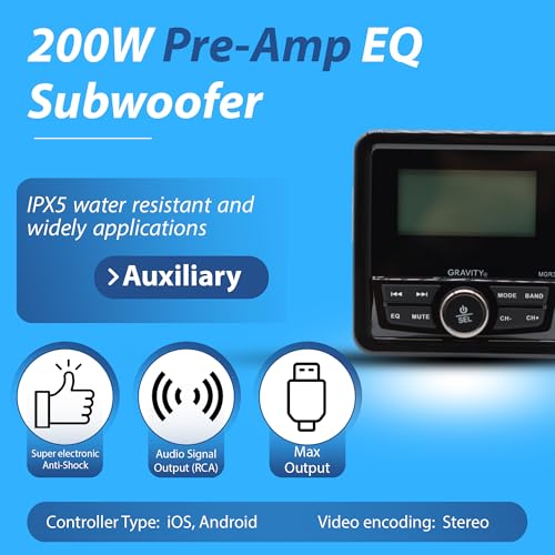 Gravity MGR3 Marine Stereo Receiver with 200W, Multi-Mode Playback (USB, SD, AUX, FM), Remote Control, Works with Bluetooth, and Weatherproof Design for Cars, Boats, ATVs, Motorcycles, and RVs.