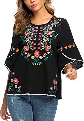 Mexican Shirts Peasant Blouses for Women Cotton Embroidered Blouses Fiesta Summer Bohemian Shirts 3/4 Sleeves2