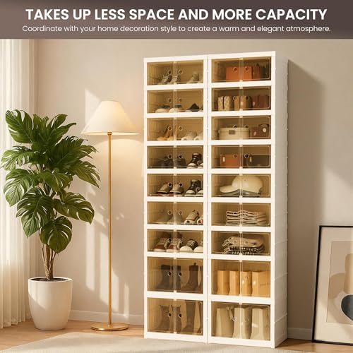 Image of Foldable Shoe Organizer Storage Box Set of 4, Portable Extra Large Folding Shoe Rack for Closet, Shoe Storage Box with Magnetic Transparent Door and Wheels, 9 Layers 18 Grids with 4 Big Grids