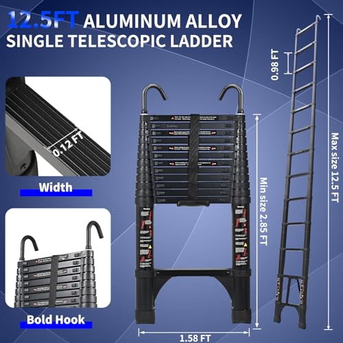 image for JADDUO 12.5 FT Telescopic Ladder, Aluminium Black Telescoping Ladder w