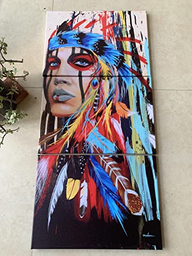 Meiji Native American Painting Indian Canvas Wall Art Indians Woman Girl Colorful Feathered Prints Wrapped On Frames For Home Wall Art Decoration (14X20Inchx3 Pieces) #TOP7