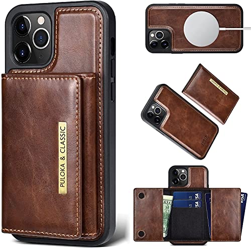 Image of PULOKA for iPhone 12 Pro Max Wallet Back Case - Vegan Leather - Detachable Card Holder Case with Kickstand - Shockproof & Anti Scratch Phone Cover- Raised Edges for 360 Mobile Protection - Brown