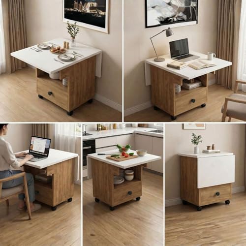 Image of FFO Foldable Dining Table with Storage and Wheels, Drop Leaf, 2 Seater, Engineered Wood, White and Coach Wood Finish, Drawer and Shelf Storage
