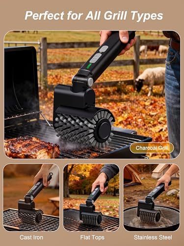 Aurviv Electric Grill Brush, 3-Speed Power Control Grill Brush for Outdoor Grill, Rechargeable BBQ Grill Brush, Cordless Grill Cleaning Brush with 2 Brush Head & Scouring Pad, Gifts for Men/Dad - 5