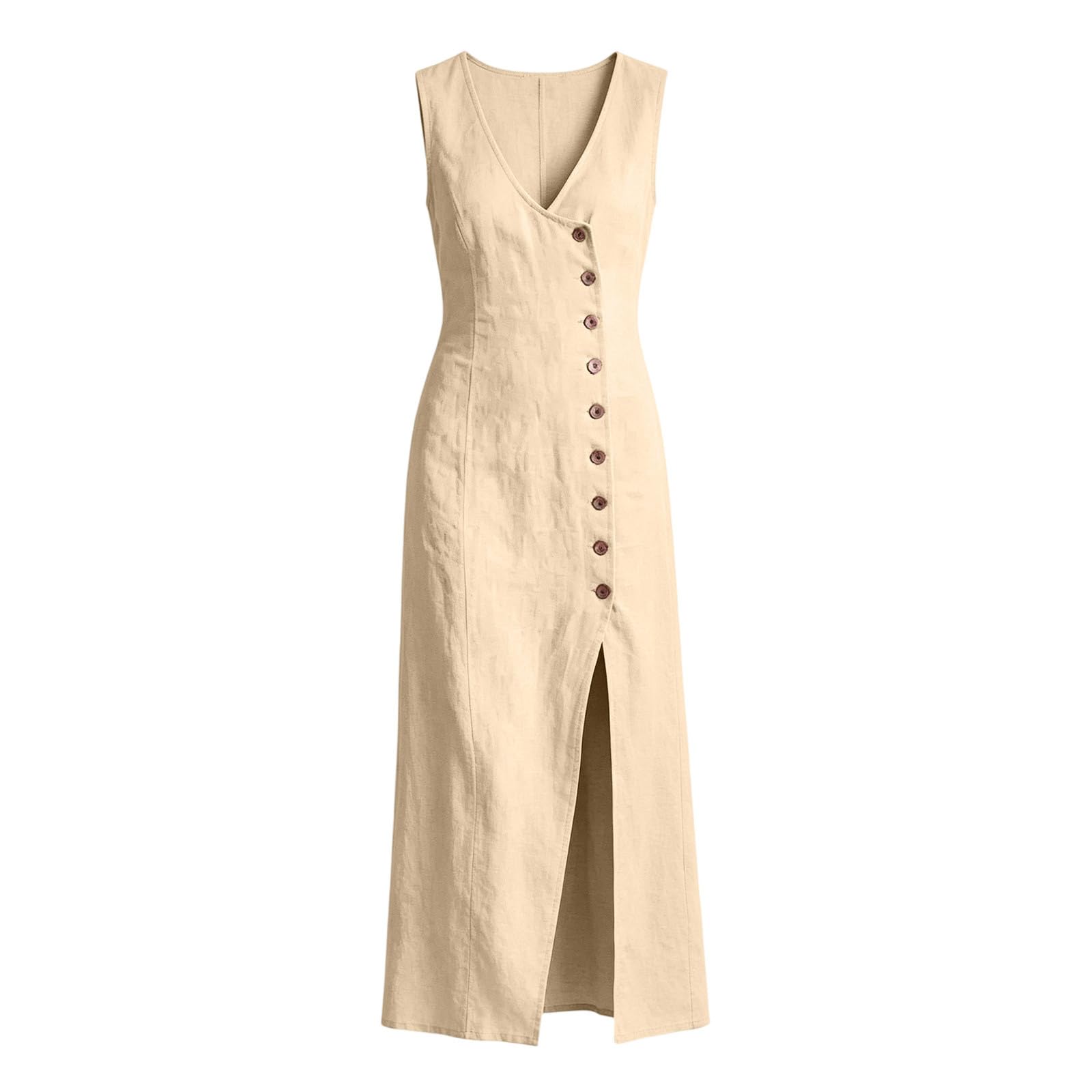 Generico Vestiti Estivi Donna Lino Vestito Lungo in Cotone Senza Maniche Morbido Abiti Mare Casual Orlo a Fessura Abito Fluidi Tinta Unita Abito Scollo a V Boho Chic Leggeri Vestiti Baggy da Spiaggia