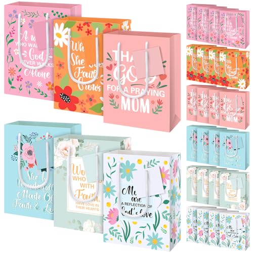 Kolldenn 24 Pcs Christian Christmas Bags with Tag 9.06 Woman of Faith Bible Verse Religious Flower Inspirational Message Gift Treat Bag for Mom Appreciation Gifts Church Supplies