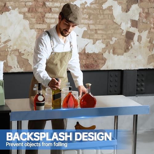 JOPHUN Stainless Steel Work Table with Backsplash, Commercial Table for Prep & Work Table for Restaurant and Home - 24\" D x 60\" W x 34\" H Inches