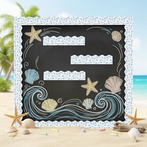 Image of BeYumi Coastal Seashells Border Trim - 65ft Back to School Beach Border | Blue Beach Seashells Starfish Bows Summer Scalloped Bulletin Board Set School Classroom Office Chalkboard Party Holiday Decor