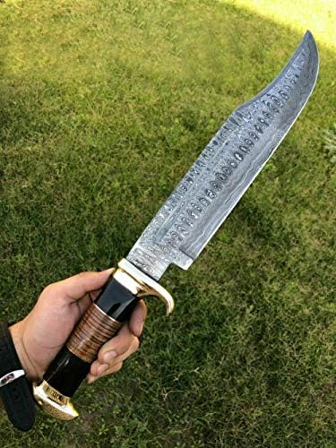 Handmade Damascus Steel Bowie Knife 18" – Ladder Pattern Blade, Crocodile Dundee Style, Buffalo Horn & Leather Handle, Heavy Duty Hunting Knife with Brass Clip