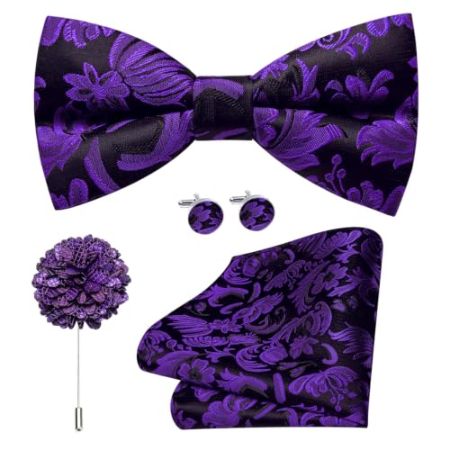Image of Dubulle Mens Paisley Striped Bowtie Set Pre-tied Bowtie for Men and Pocket Square Set Wedding Business
