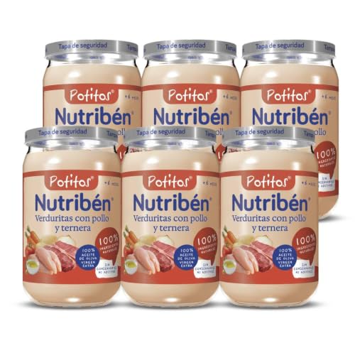 Nutribén Potitos Verduras con Pollo y Ternera Sin Gluten +6 Meses, 6x235g | Con AOVE. Sin almidón, huevo, leche ni aceite de palma. Sin sal ni azúcares añadidos. Textura ligera, cómodo de transportar.
