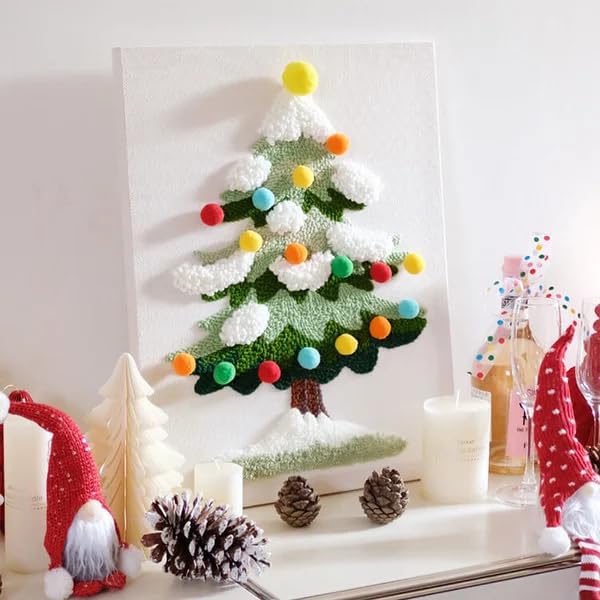 Image of Jxueych DIY Festive Christmas Tree Punch Needle Kit - Embroidery Starter Kits for Beginner, Punch Needle Fabric with Pattern, Adults Craft Christmas Gift (Excluding Photo Frame) (Green)