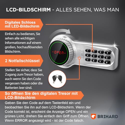 Foto von Brihard Business XL Elektronischer Betriebstresor – 50x35x36 cm große Sicherheitsbox mit LED-Bildschirm, digitalem Zahlenschloss und herausnehmbarer Ablage für Büro, Zuhause