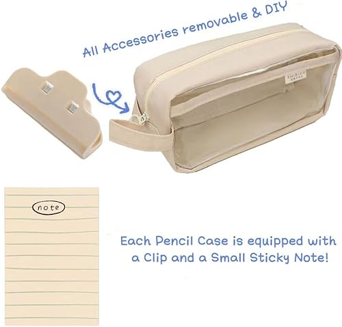 Miniatura 2 de Estuche transparente para lápices estéticos, suministros escolares, estuche grande y lindo para niñas, estuche estético (beige, con clip y nota