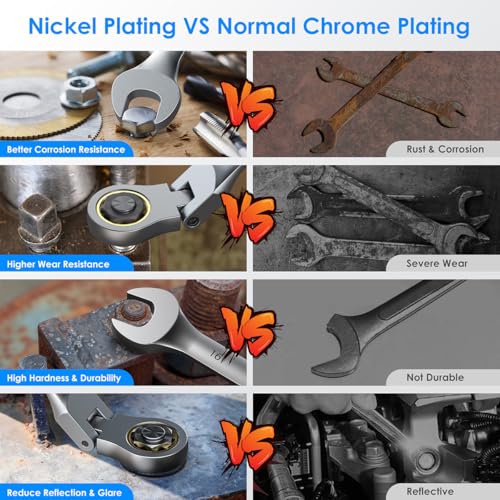 ENEACRO Scharnierratelsleutelset, 14-delig, 6-19mm, Flex-kop Anti-slip ringsteeksleutel, vorksleutel-ringsteeksleutelset, 72-tands, Cr-V, Vernikkeld, met roltasje - Afbeelding 3