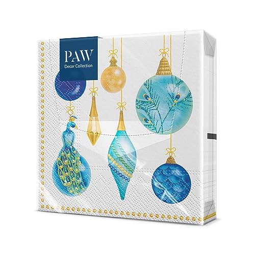 PAW - Servilletas de Papel 3 Capas (33 x 33 cm) | 20 Unidades | Servilletas de Navidad con motivos invernales y navideños | Ideales para la mesa festiva | Color: Peacock Collection