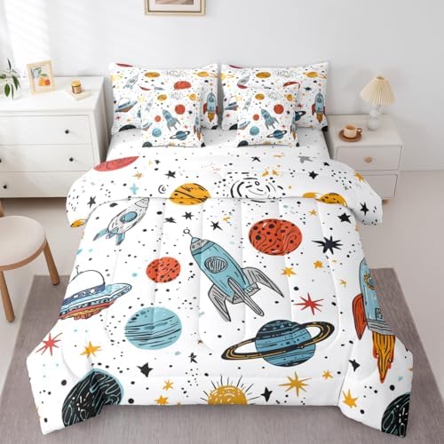 Erosebridal Outer Space Rocket 7 Piece Bedding Set Twin Galaxy Comforter Set with Sheets Kids Boys Cartoon Bed in A Bag Universe Starry Sky Cosmos Bed Sets with 2 Pillowcases, 2 Throw Pillow Covers