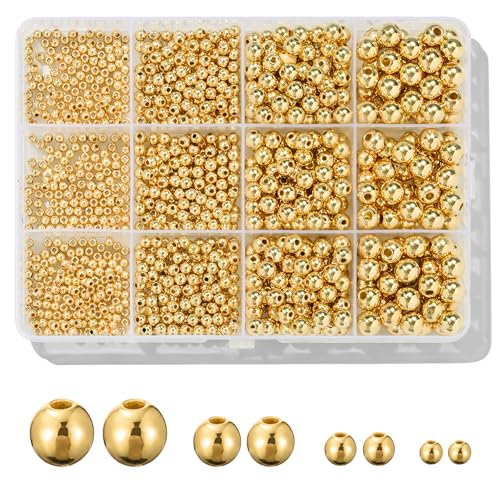 1100 Pcs Smooth Round Beads - 3/4/6/8mm Gold Spacer Loose Ball Bead Kits for Bracelet Jewelry Making