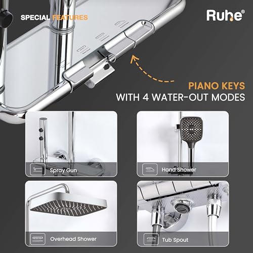 Image of Ruhe Ripple Smart Shower Panel Set, 4-in-1 Multi Flow Functions, Piano Button Shower Panel System Chrome Finish, Includes Overhead Shower, 3-Flow Hand Shower and Dual Mode Water Spray Health Faucet