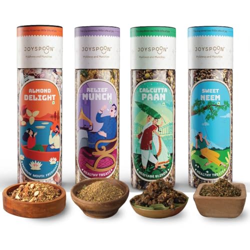 Image of JoySpoon Traditional Mouth Freshener Combo Mukhwas Almond Delight, Relief Munch, Calcutta Paan, and Sweet Neem (100g, Pack of 4)| Sugar-Free Digestive Mukhwas | Supari Free | After Meal Snacks