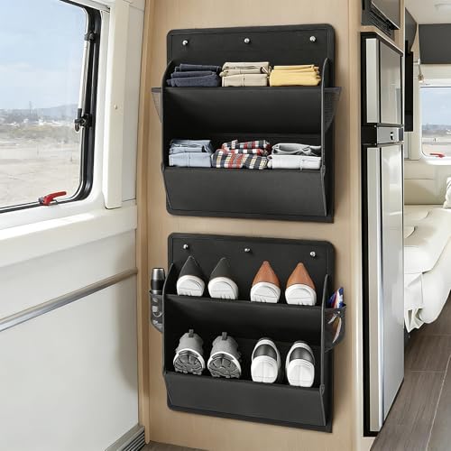 SunYoda 2 Pack RV Shoe Storage Organizer Over the Door/Wall Hanging Shoe Rack with Sticky Adhesive Large Deep Pockets for Narrow Space Closet Camper Storage Black