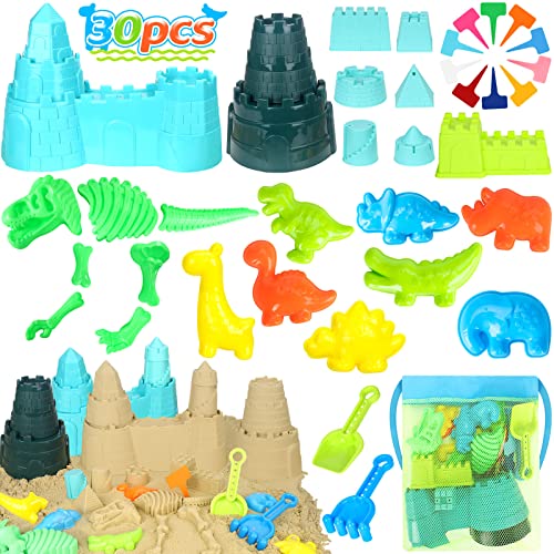 Image of FUSPWEAO Beach Toys Sand Toys for Kids, 30PCS Dinosaur Sand Toys with Mesh Bag, Sand Castle Toys for Beach, Animal Dinosaur Sand Molds, Sandbox Toys for Toddlers Travel Beach Toys for Boys
