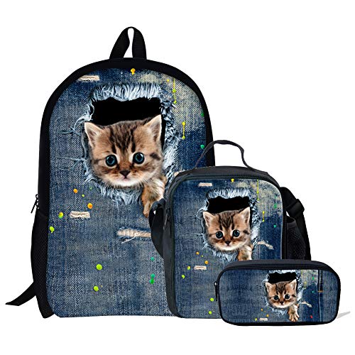 Chaqlin Mignon Chat Filles Sacs D'école Petit Déjeuner Sacs Polyester Voyage Sac À Dos Crayon Sac 3pcs Cover