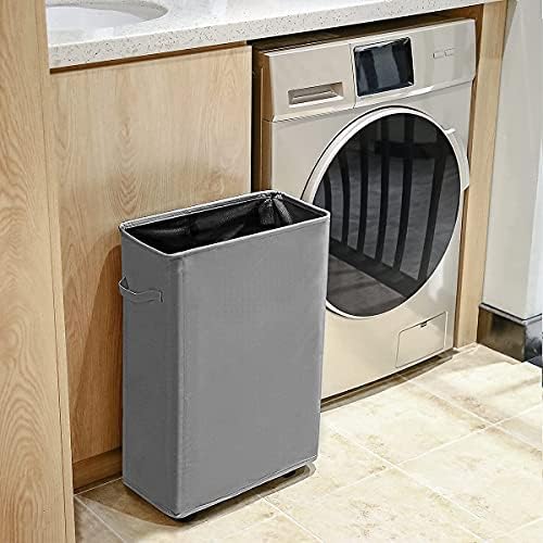 WOWLIVE Slim Laundry Basket Small Washing Basket Foldable Laundry Hamper Collapsible Laundry Bag Narrow Laundry Bin with Wheels (Grey 1)