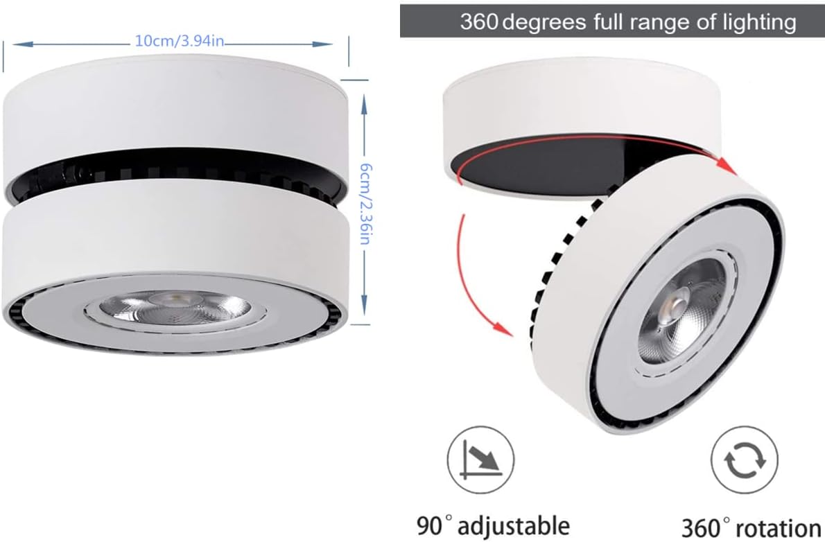 Dimmable Art Ceiling Spot Light LED - 360° Adjustable Surface Mounted Dimming 12W COB Lighting Indoor Ceiling Downlight Aluminum Wall Light for Bedrooms Rooms Corridors Gallery Display (White)